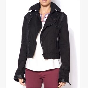 Jakett Josey New York Moto Jacket Cropped Black Leather Trim Cotton Blend Size S